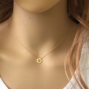 14K Solid Gold Mini Disk Paw Print Dainty Necklace